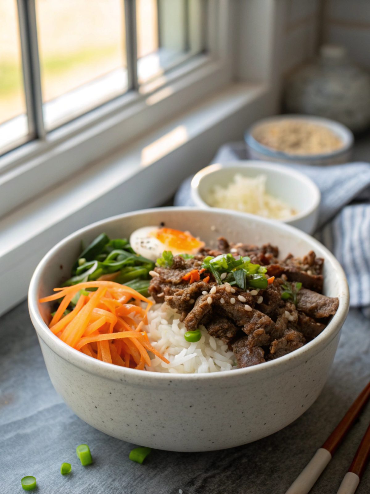 SEO-friendly alt text describing the featured image with Korean beef rice bowl.