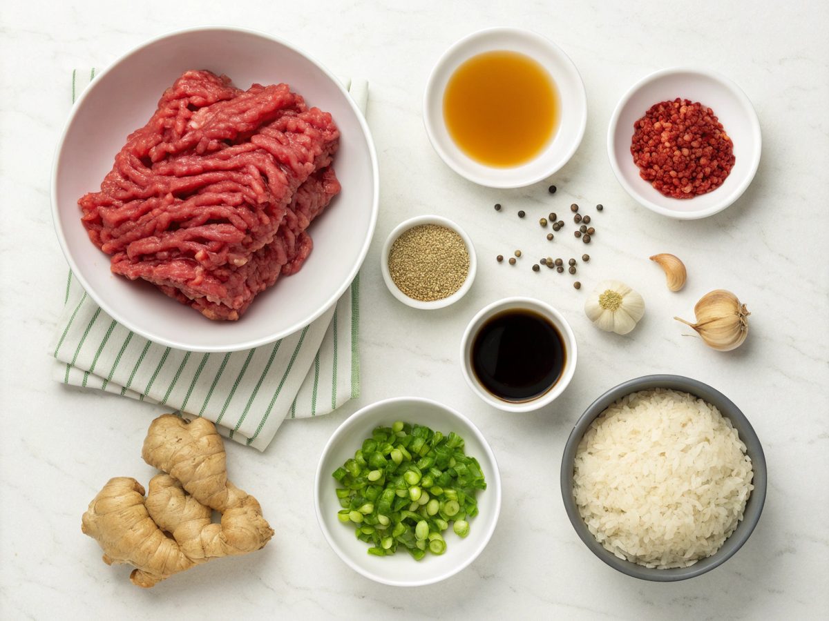 Ingredients for making Korean Ground Beef Bowl displayed on a countertop.