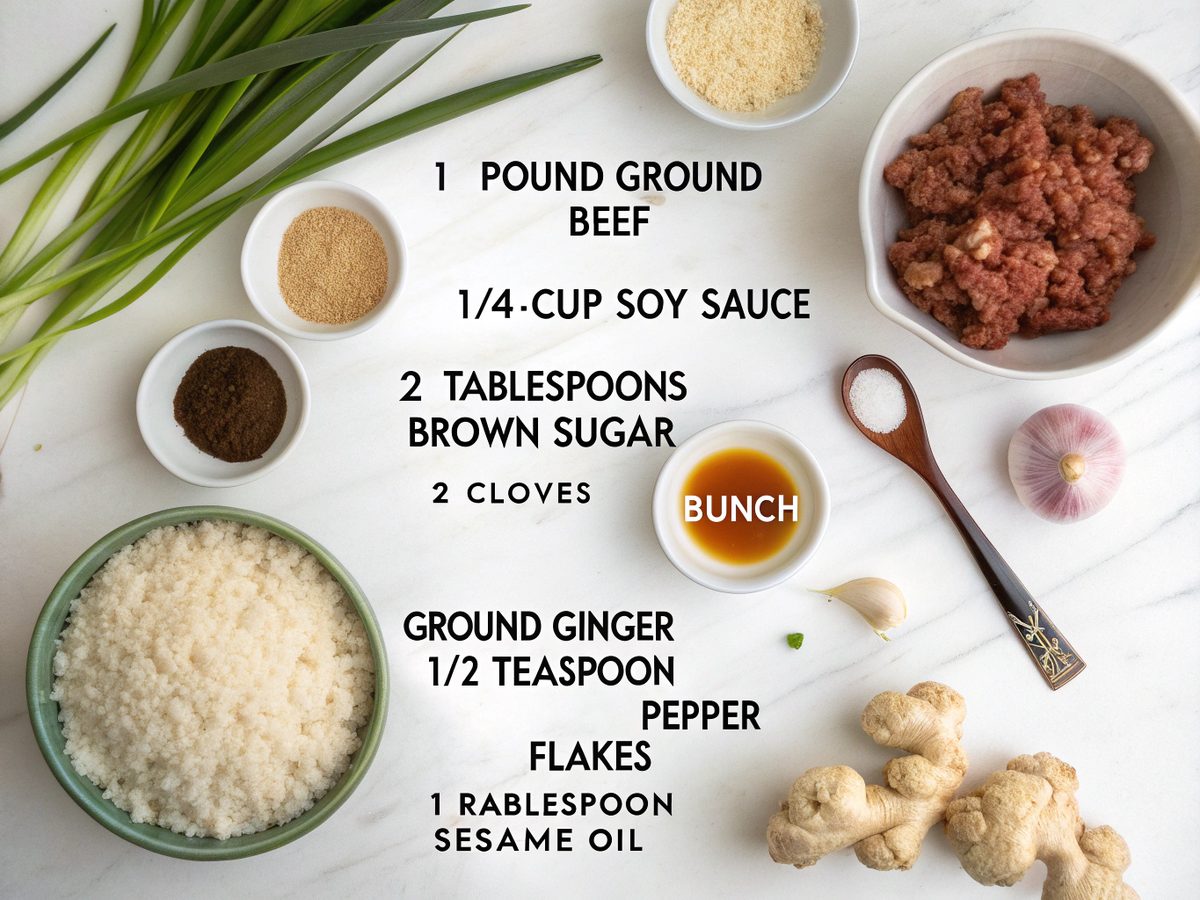 Ingredients for Korean Ground Beef Bowl laid out on a kitchen counter.