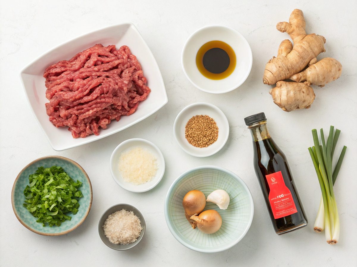 Ingredients for making a Korean Ground Beef Bowl, including beef, garlic, and soy sauce.
