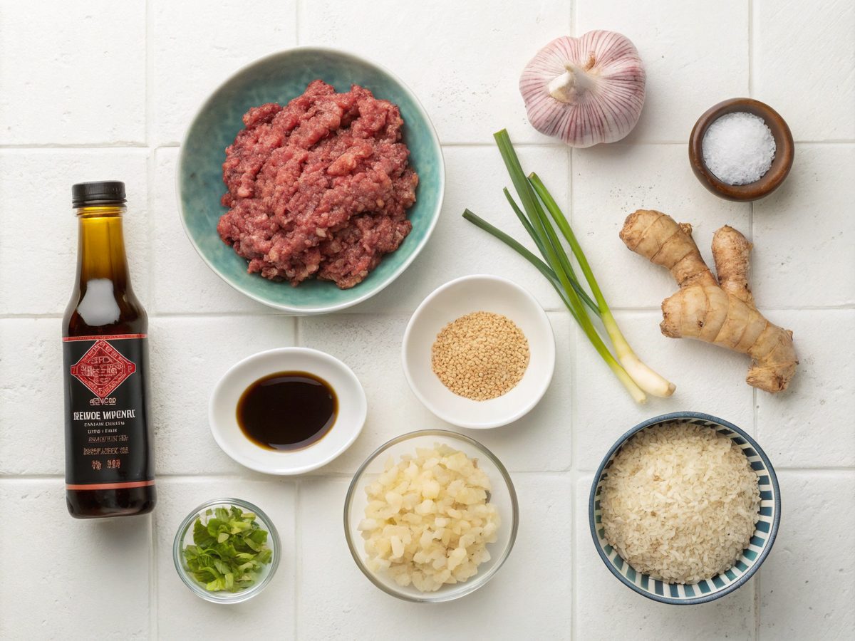 Ingredients for a Korean Ground Beef Bowl displayed on a kitchen counter.