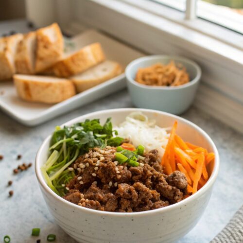 Beautifully crafted Korean Ground Beef Bowl with vibrant garnishes.