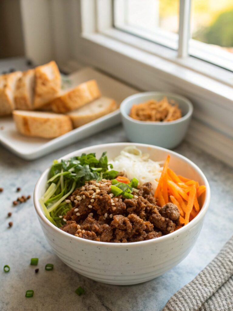 Beautifully crafted Korean Ground Beef Bowl with vibrant garnishes.