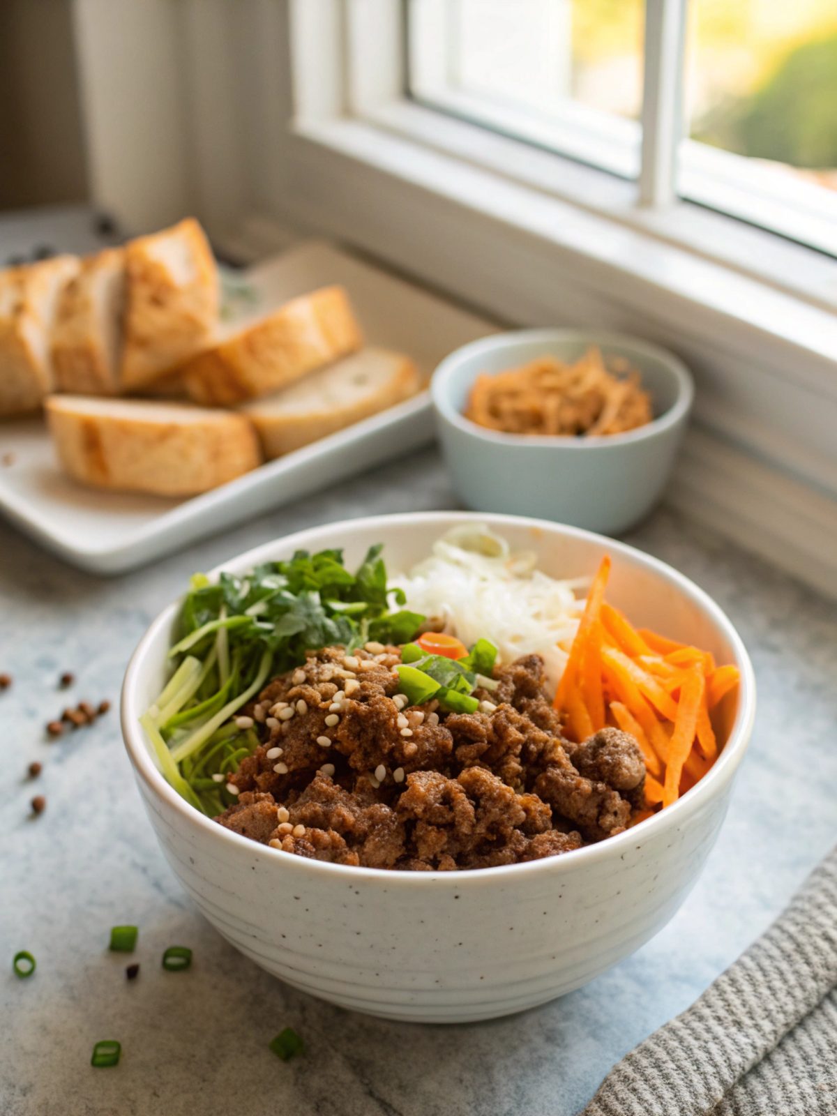 Beautifully crafted Korean Ground Beef Bowl with vibrant garnishes.