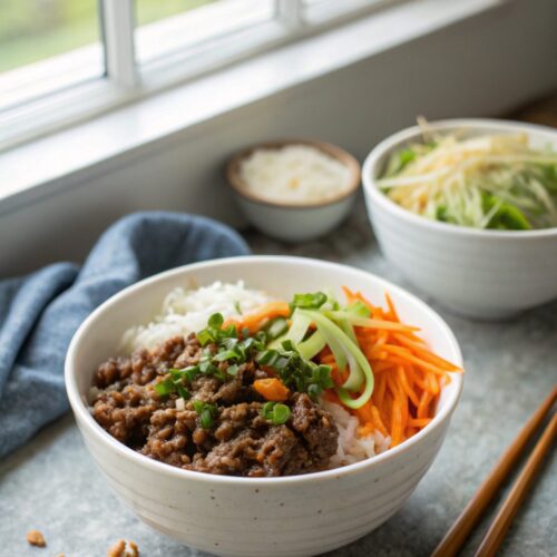 Korean Ground Beef Bowl, served fresh with savory flavors