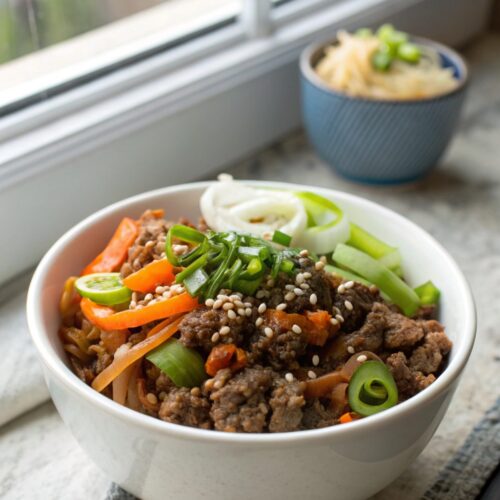 Featured image of Korean Ground Beef Bowl with garnishes