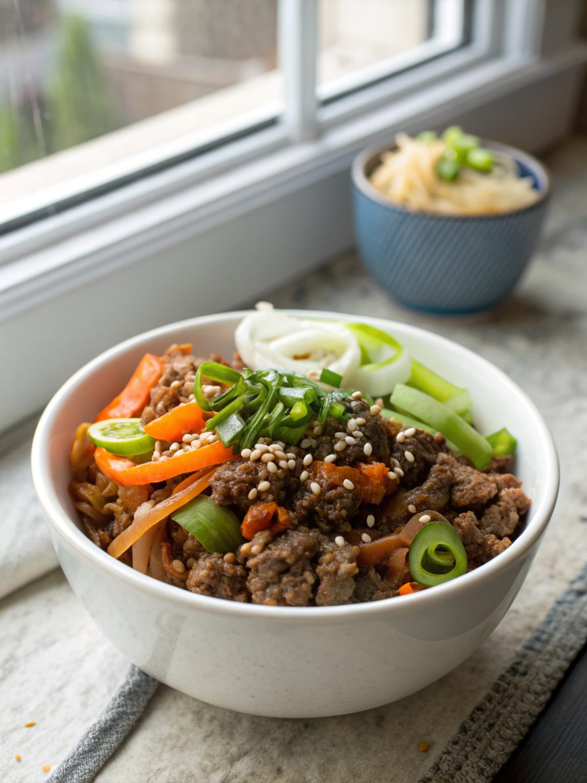 Featured image of Korean Ground Beef Bowl with garnishes