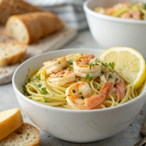 A featured image of Lemon Garlic Butter Shrimp Pasta, showcasing the dish in a modern white bowl.