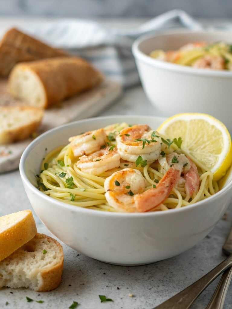 A featured image of Lemon Garlic Butter Shrimp Pasta, showcasing the dish in a modern white bowl.