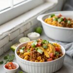 A delicious loaded taco pasta bake dish presented in a white ceramic bowl.