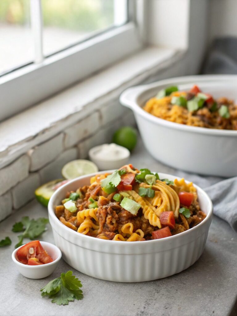 A delicious loaded taco pasta bake dish presented in a white ceramic bowl.