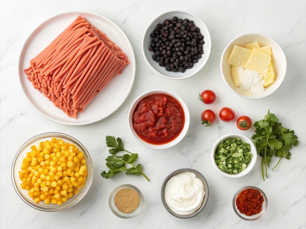 Flat lay of ingredients for a loaded taco pasta bake.