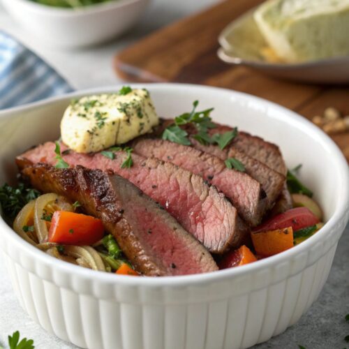 Delicious close-up of London Broil with Herb Butter