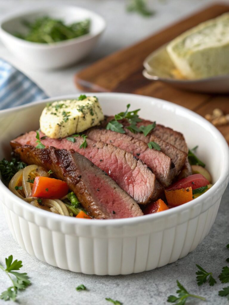 Delicious close-up of London Broil with Herb Butter
