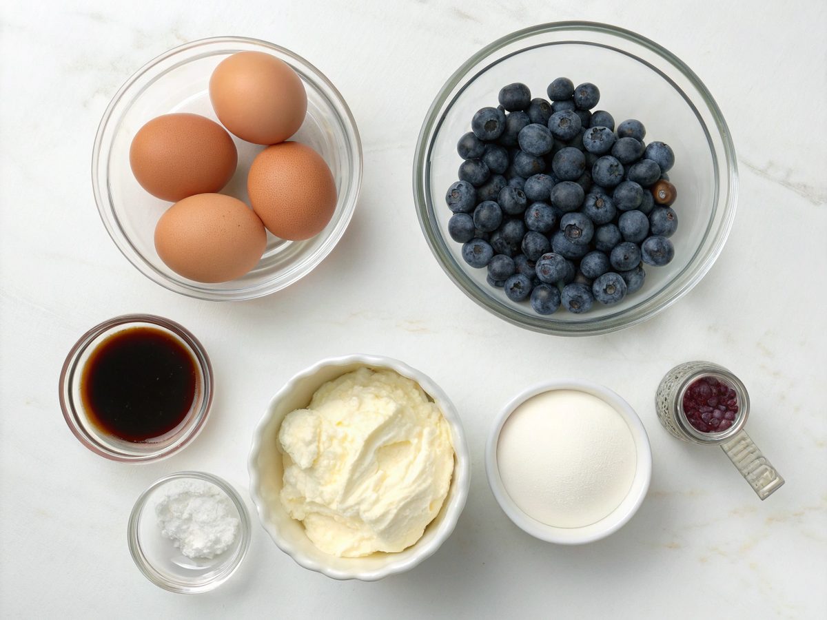 Ingredients for making low carb blueberry cloud bread including eggs, cream cheese, and fresh blueberries.