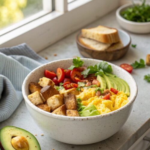 SEO-friendly alt text describing the featured image, including the Low Carb Breakfast Burrito Bowl