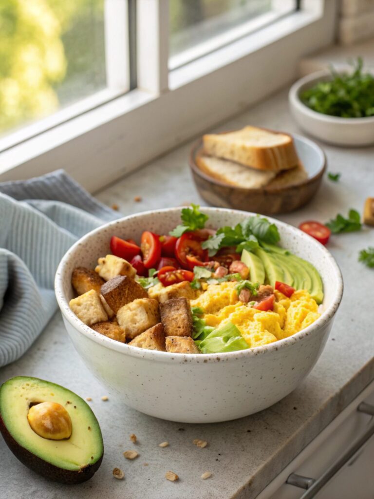 SEO-friendly alt text describing the featured image, including the Low Carb Breakfast Burrito Bowl
