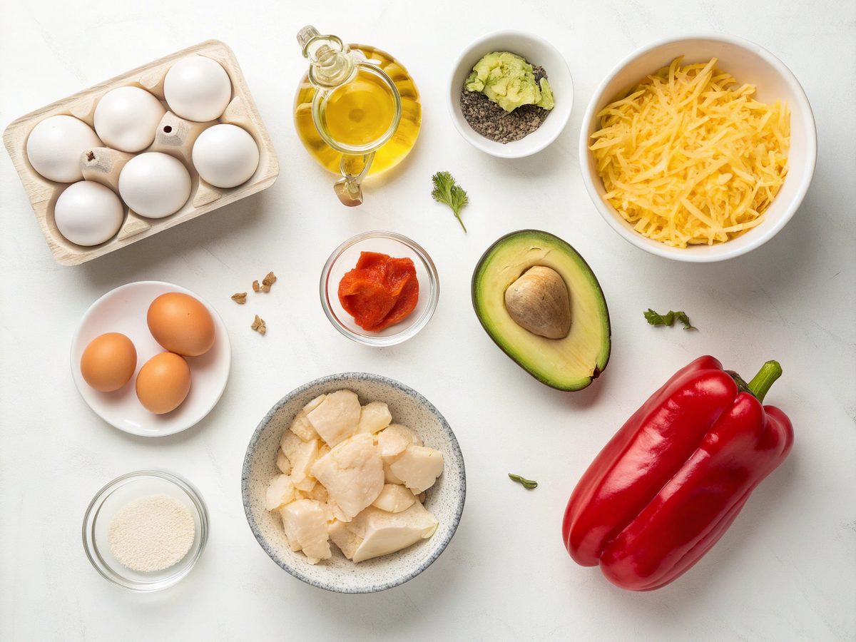 Flat lay of ingredients for low carb breakfast burrito bowl