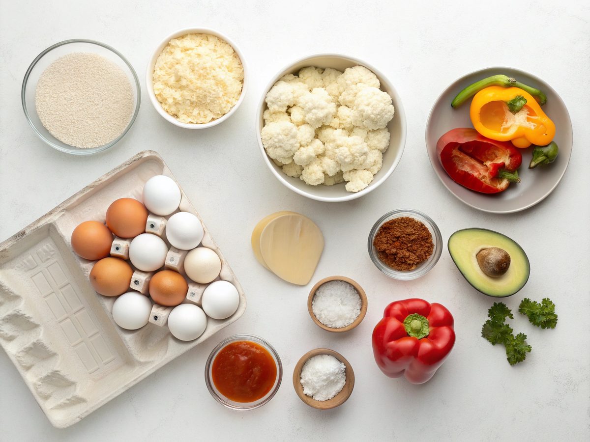 Ingredients for Low Carb Breakfast Burrito Bowl laid out on a kitchen counter.