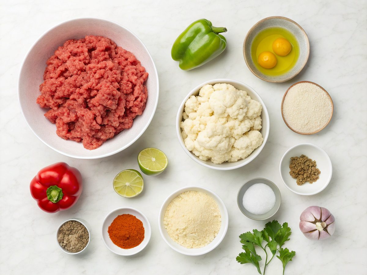 Ingredients for Low Carb Burrito Bowl including ground beef, cauliflower rice, and veggies.