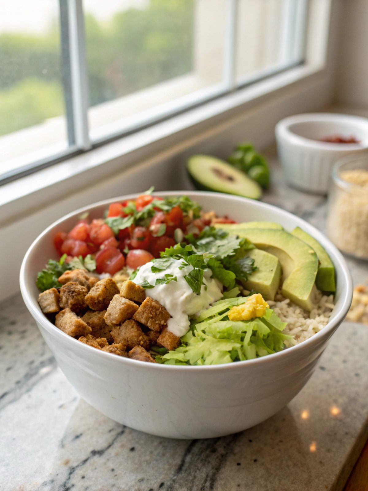 Low Carb Burrito Bowl served in a stylish white ceramic dish.