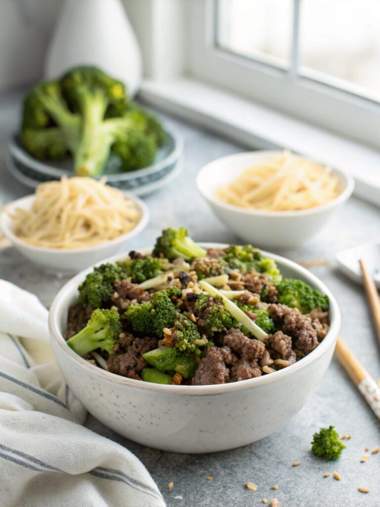 Low-carb ground beef broccoli recipe in a white dish, garnished and ready to serve.