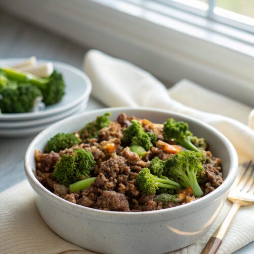 SEO-friendly alt text describing the featured image: Low-Carb Ground Beef Broccoli Skillet