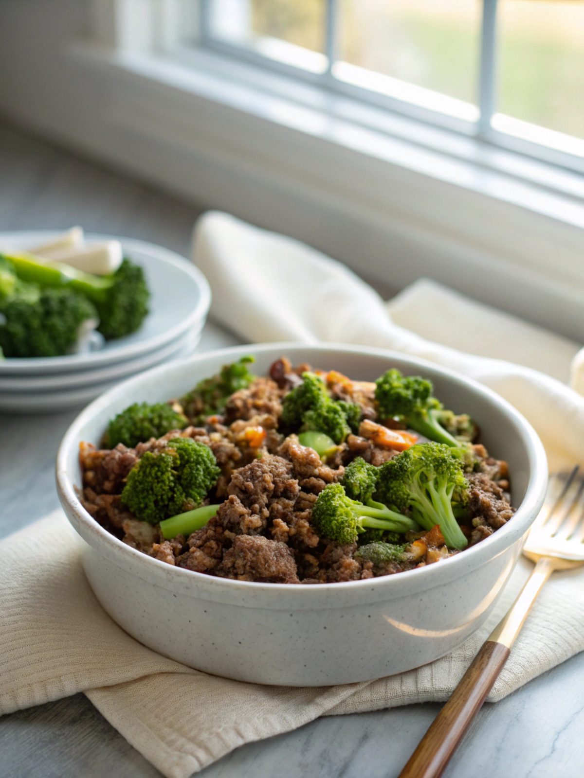 SEO-friendly alt text describing the featured image: Low-Carb Ground Beef Broccoli Skillet
