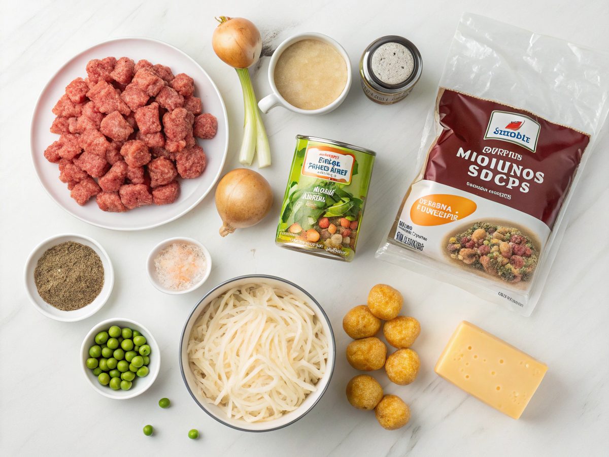 Visual representation of ingredients for Make Ahead Tater Tot Casserole