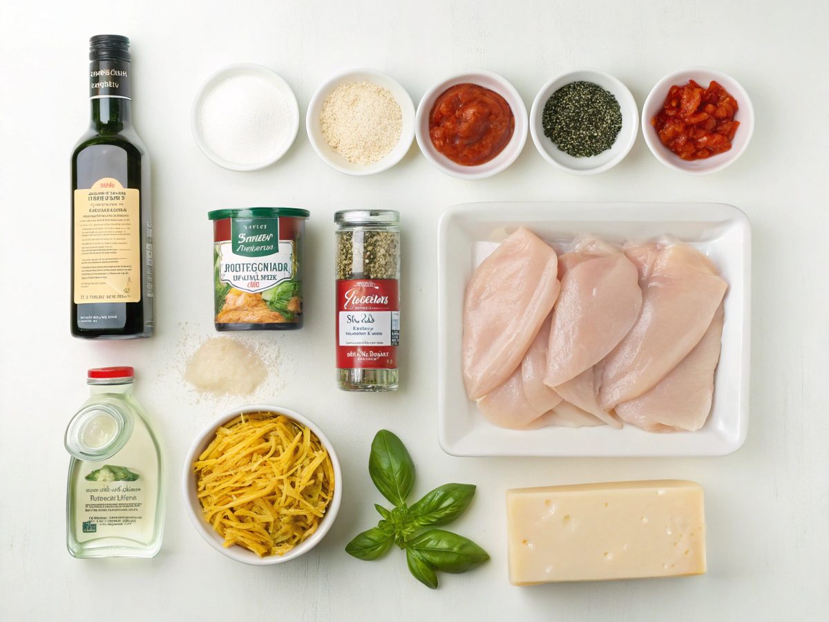 A clear presentation of ingredients for making Marry Me Chicken Pasta.