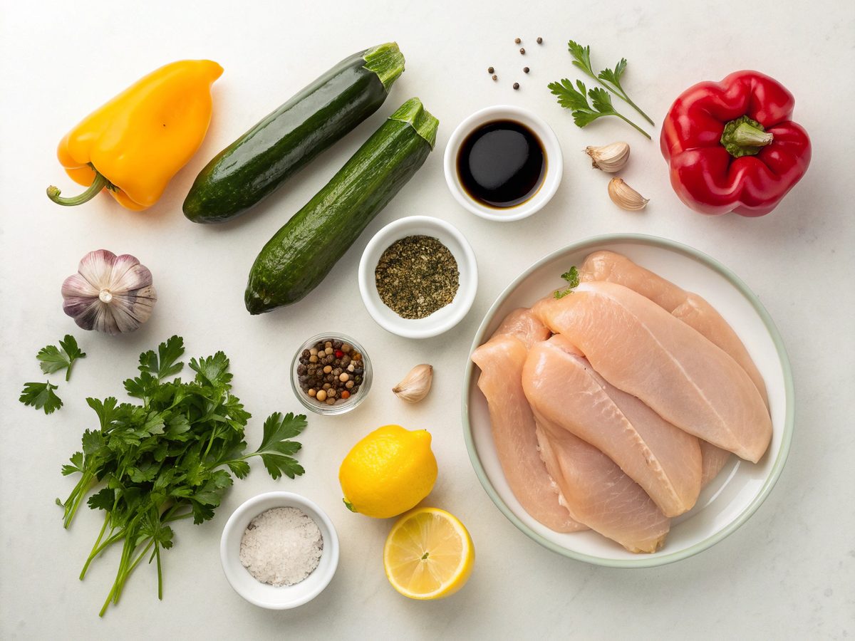 Ingredients for making Mediterranean Chicken Stir Fry neatly arranged on a counter