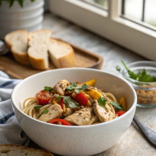 Finished Mediterranean Chicken Stir Fry garnished with parsley and lemon