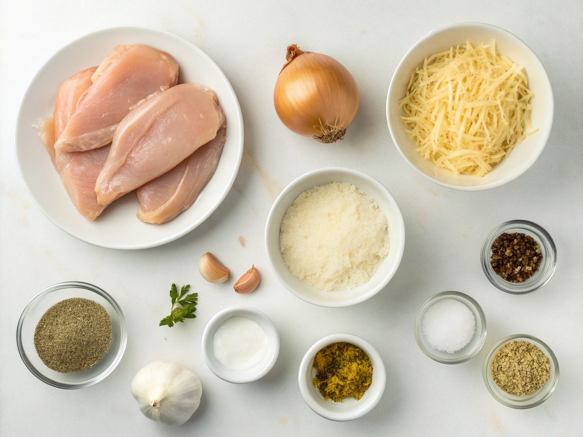 An SEO-friendly alt tag describing the image of ingredients for melt in your mouth chicken breast.