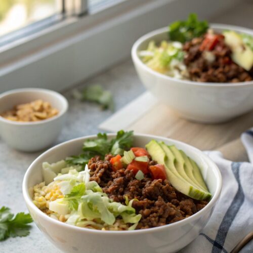 A mouthwatering bowl of Mexican ground beef cabbage dish ready to enjoy.