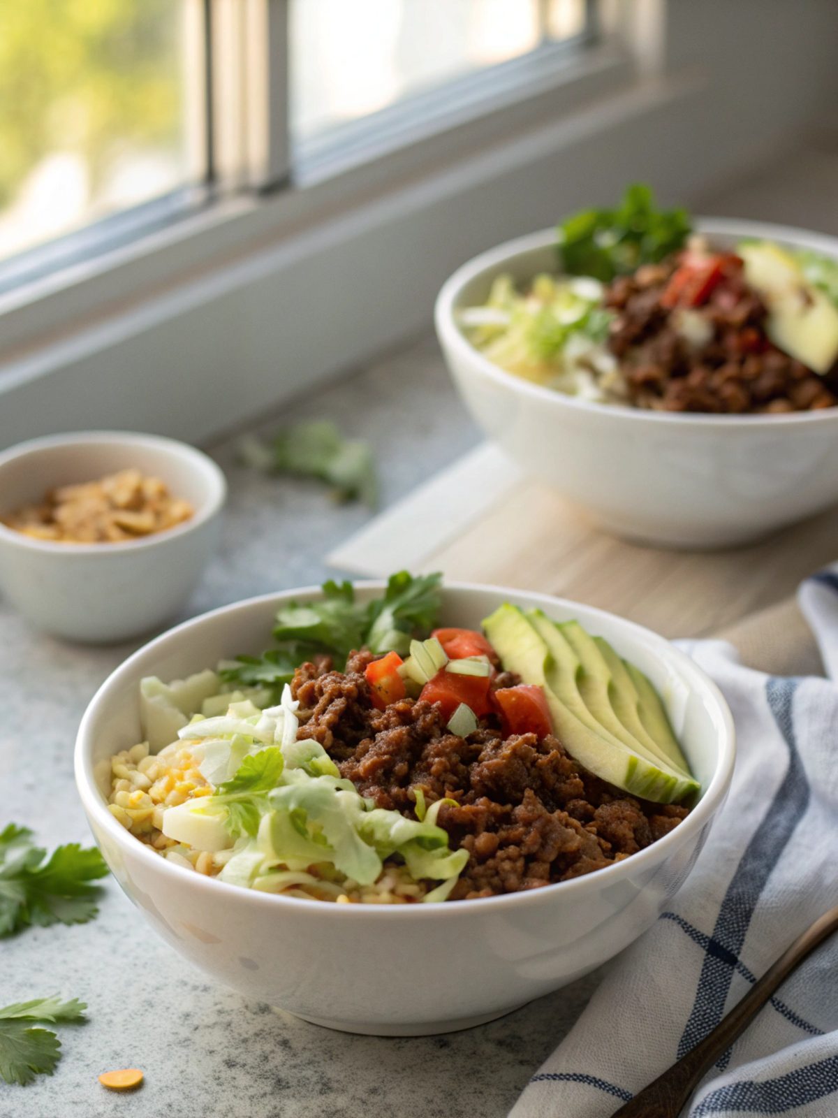 A mouthwatering bowl of Mexican ground beef cabbage dish ready to enjoy.