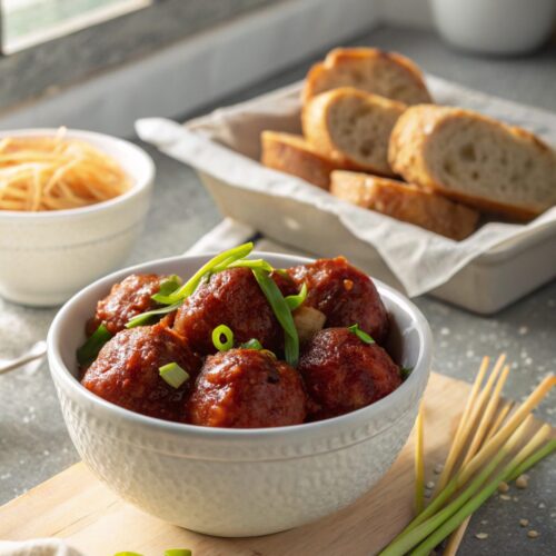 Delicious Mongolian Beef Meatballs served in a ceramic bowl