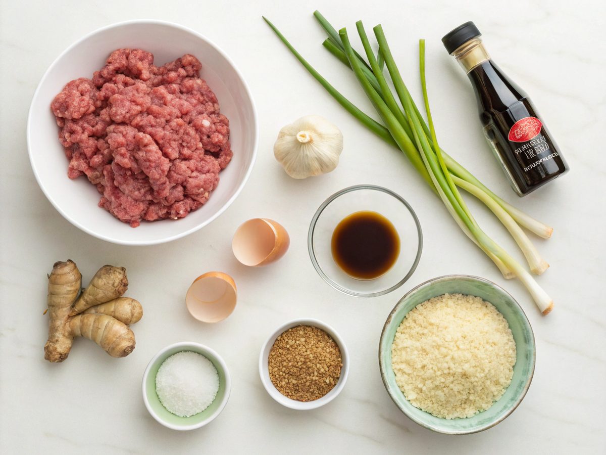 Flat lay of ingredients for Mongolian Beef Meatballs
