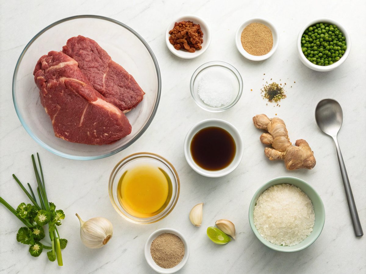 Flat lay of Mongolian Beef recipe ingredients including flank steak, soy sauce, and ginger.