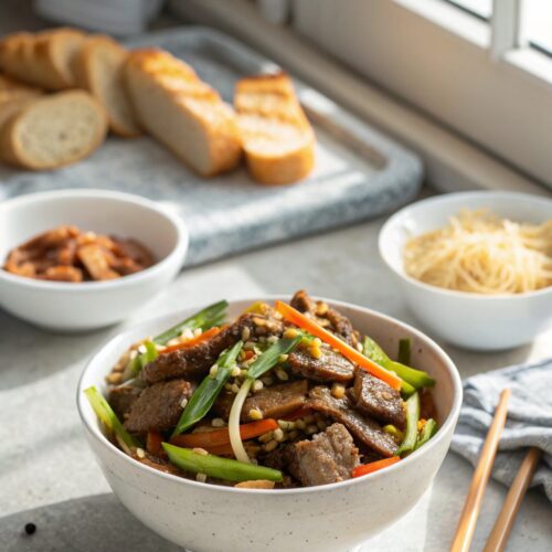 Mongolian beef stir fry served on a chic white plate
