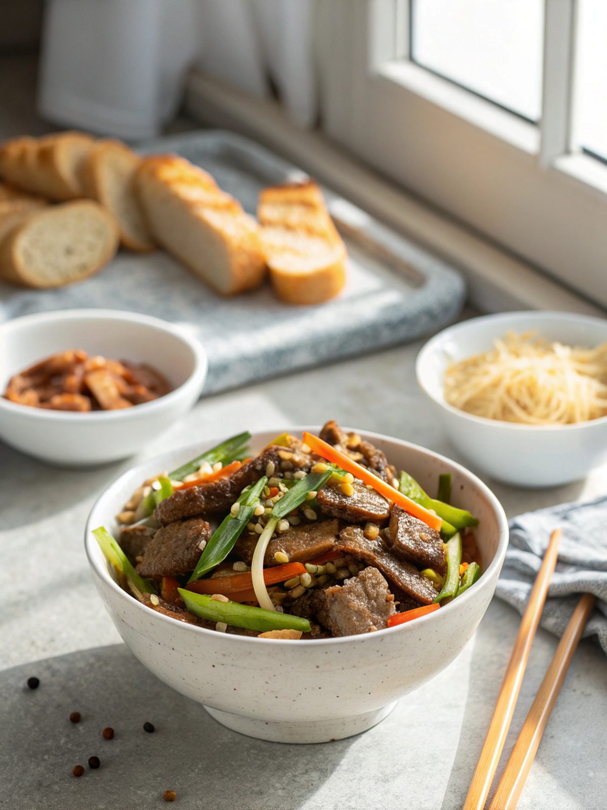 Mongolian beef stir fry served on a chic white plate