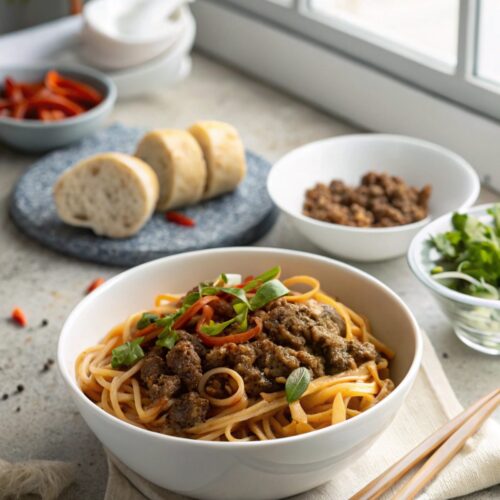 Photo of Mongolian Ground Beef Noodles served in a white bowl