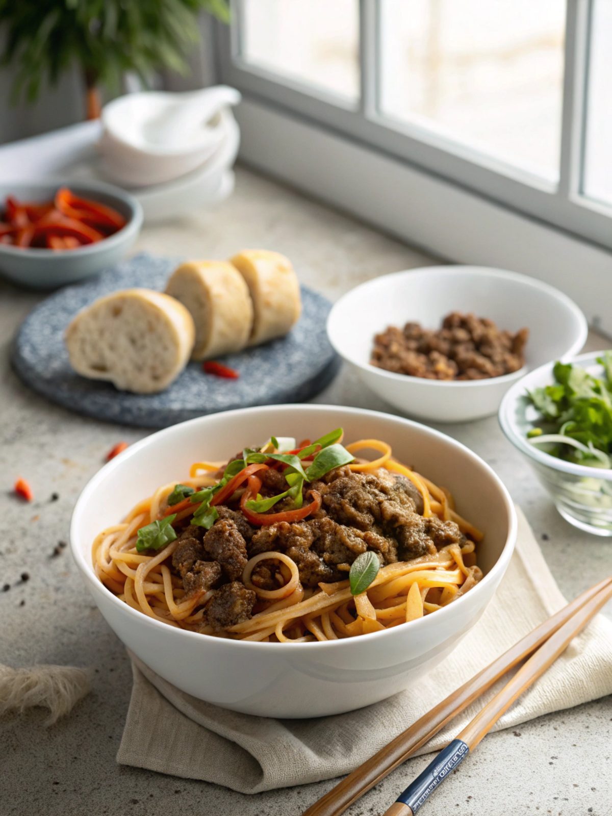 Photo of Mongolian Ground Beef Noodles served in a white bowl