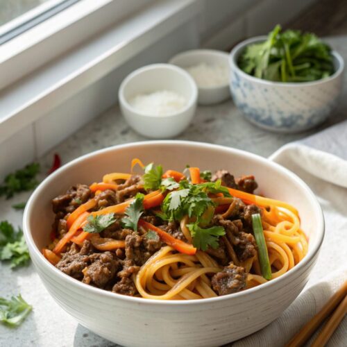 Featured image of a bowl of Mongolian ground beef noodles