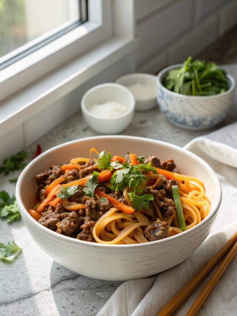 Featured image of a bowl of Mongolian ground beef noodles