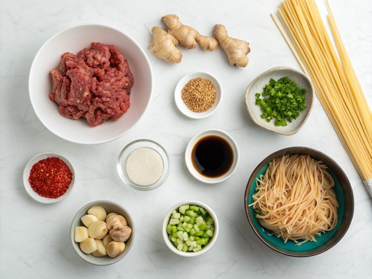 Flat lay of ingredients for Mongolian Ground Beef Noodles