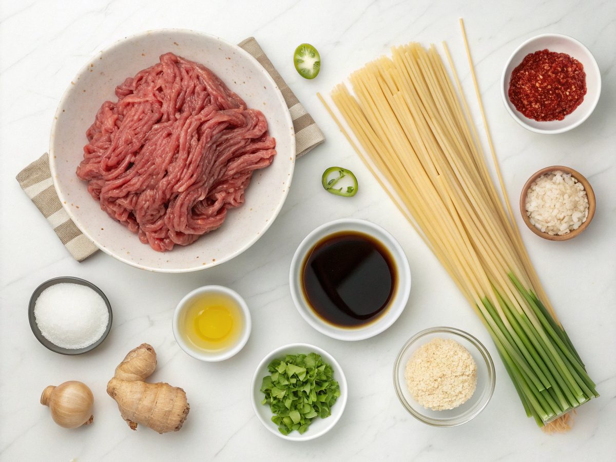 A visual representation of ingredients for Mongolian Ground Beef Noodles