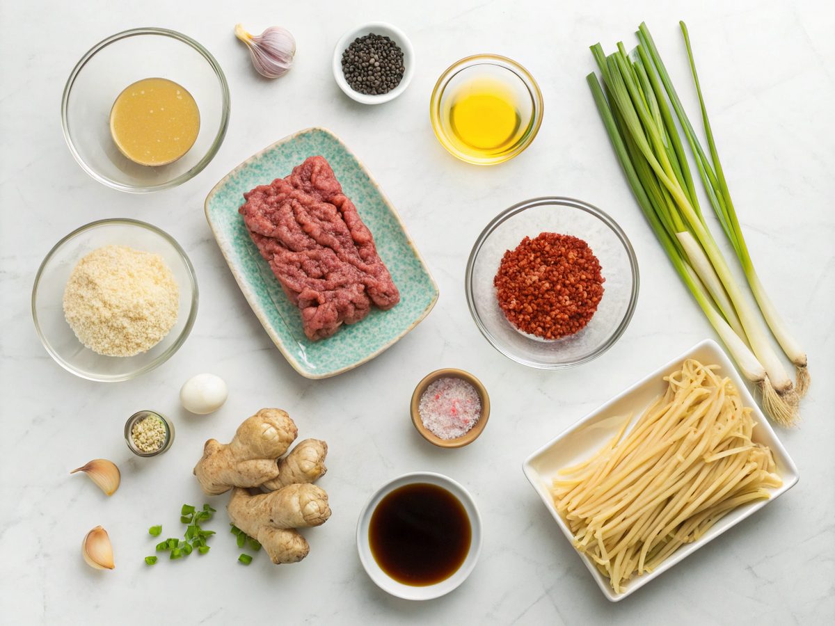 Flat lay of ingredients for Mongolian Ground Beef Noodles