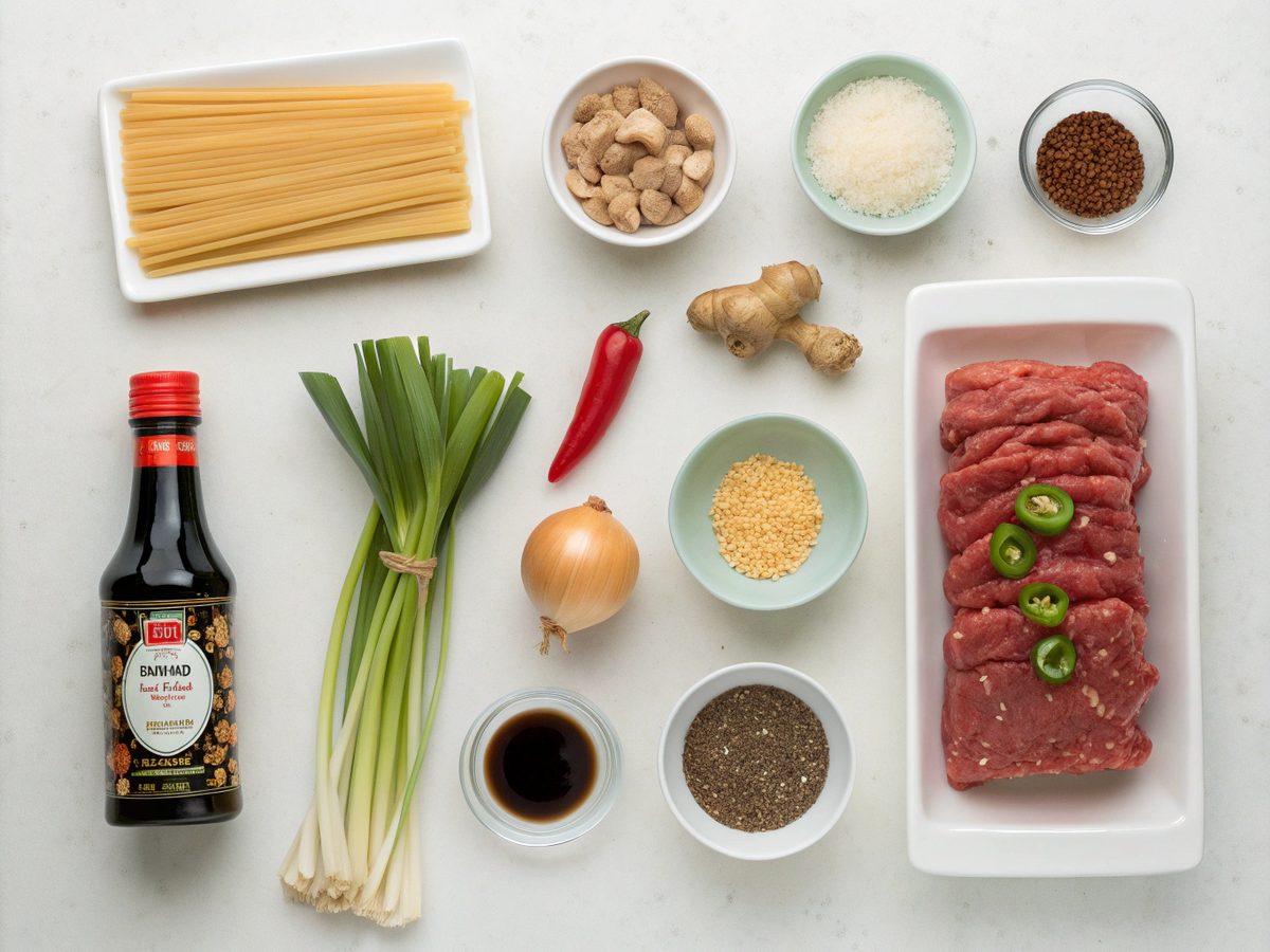 Ingredients for making Mongolian Ground Beef Noodles laid out.
