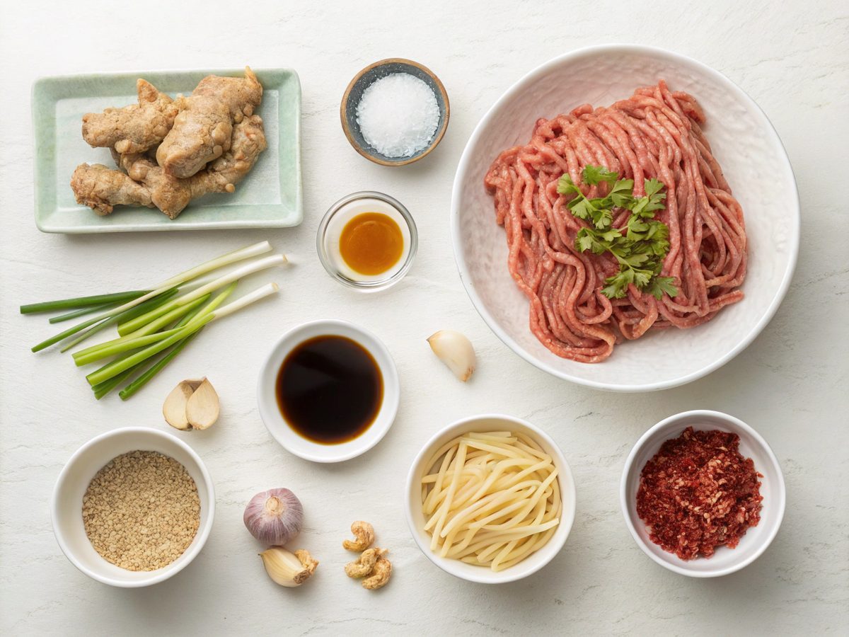 Ingredients for Mongolian Ground Beef Noodles displayed neatly
