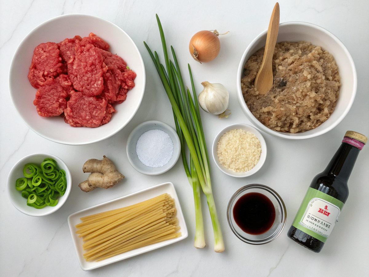 Ingredients for Mongolian Ground Beef Noodles including noodles, ground beef, and spices.